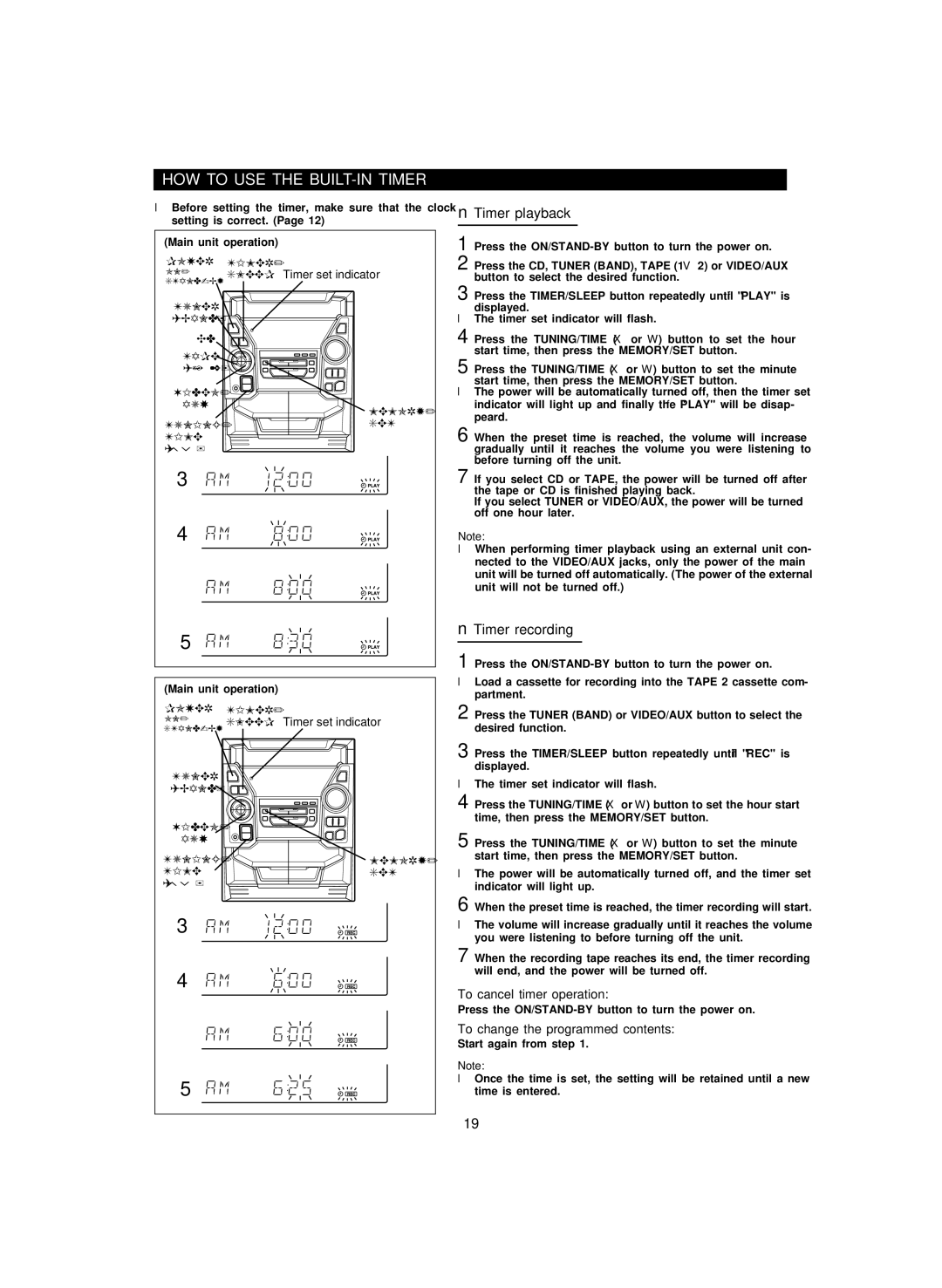 Sharp CD-PC3500 operation manual HOW to USE the BUILT-IN Timer, Timer playback, Timer recording, To cancel timer operation 