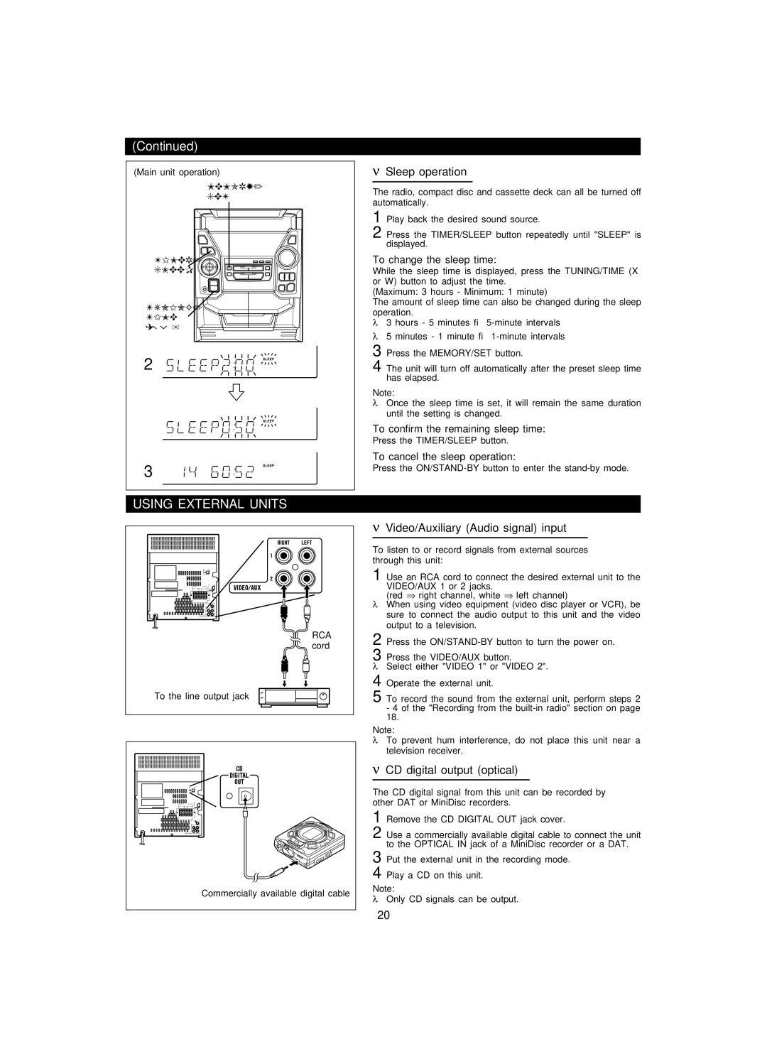 Sharp CD-PC3500 Using External Units, Sleep operation, Video/Auxiliary Audio signal input, CD digital output optical 