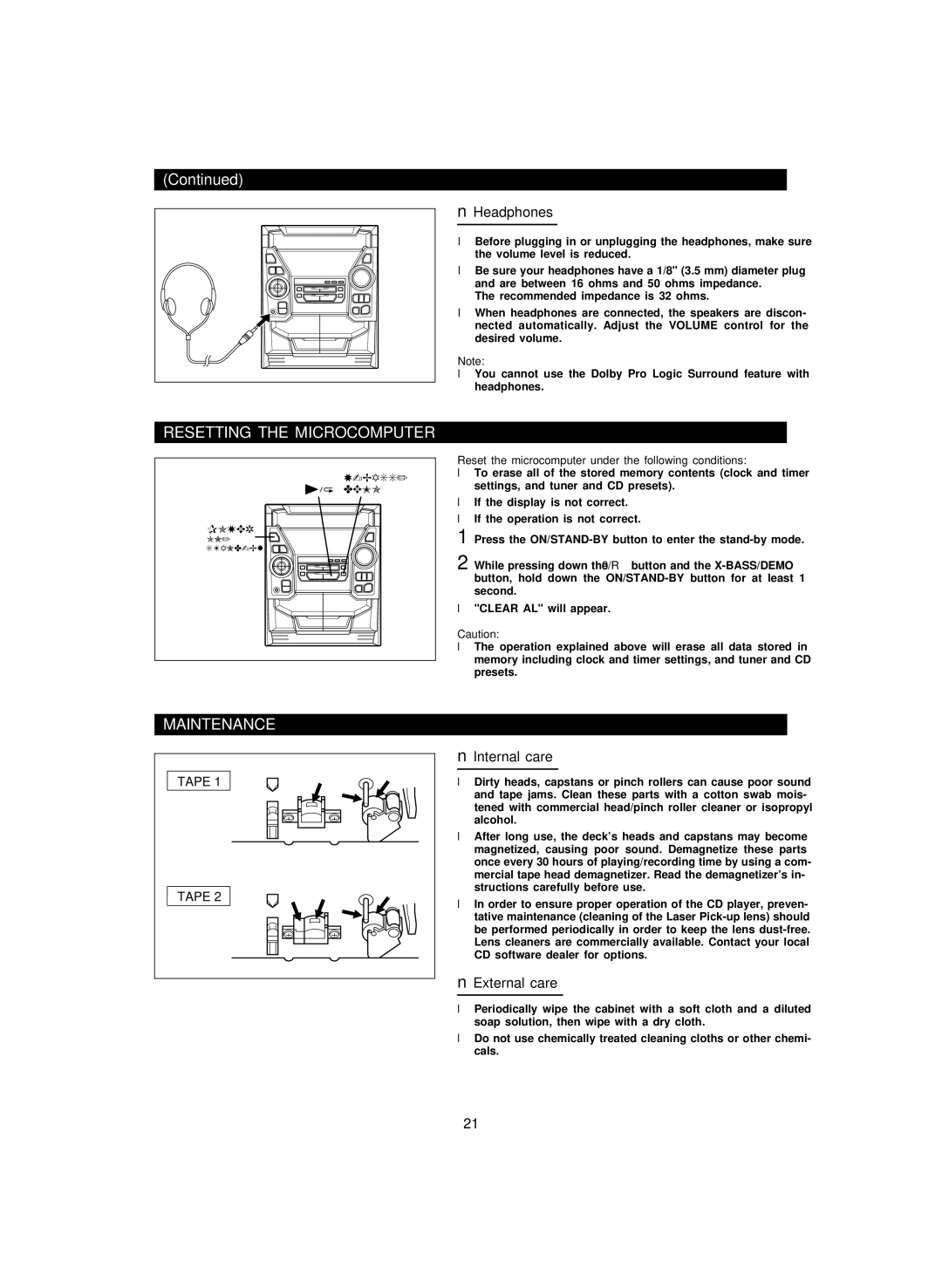 Sharp CD-PC3500 operation manual Resetting the Microcomputer, Headphones, Internal care, External care 