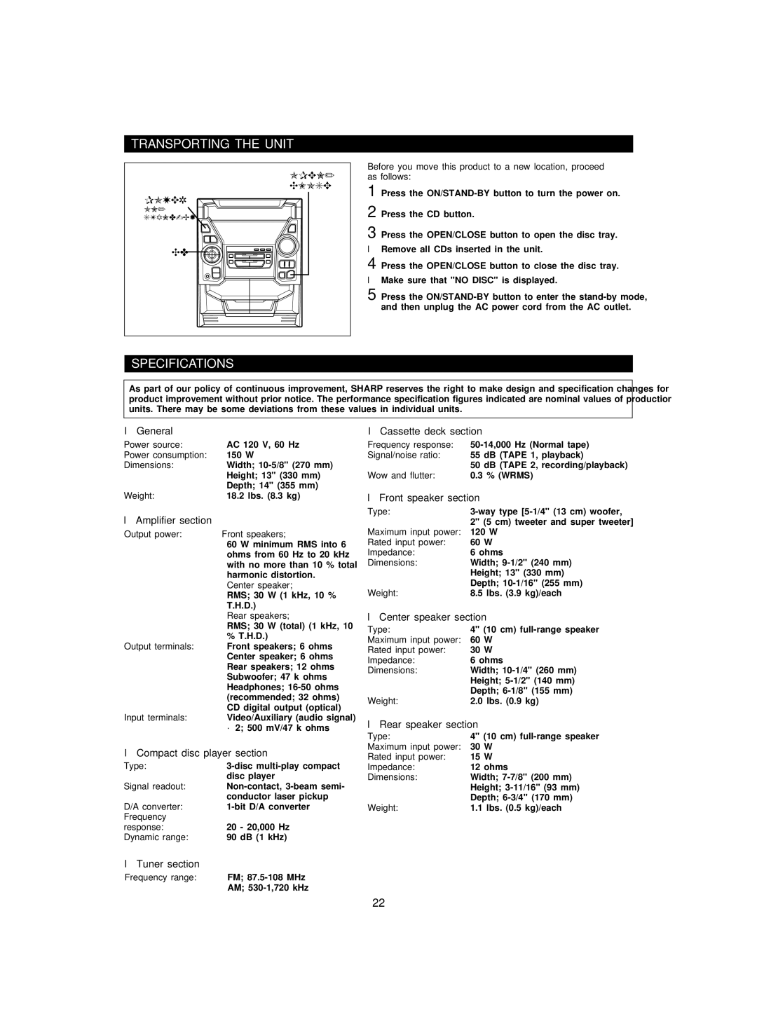 Sharp CD-PC3500 operation manual Transporting the Unit, Specifications 