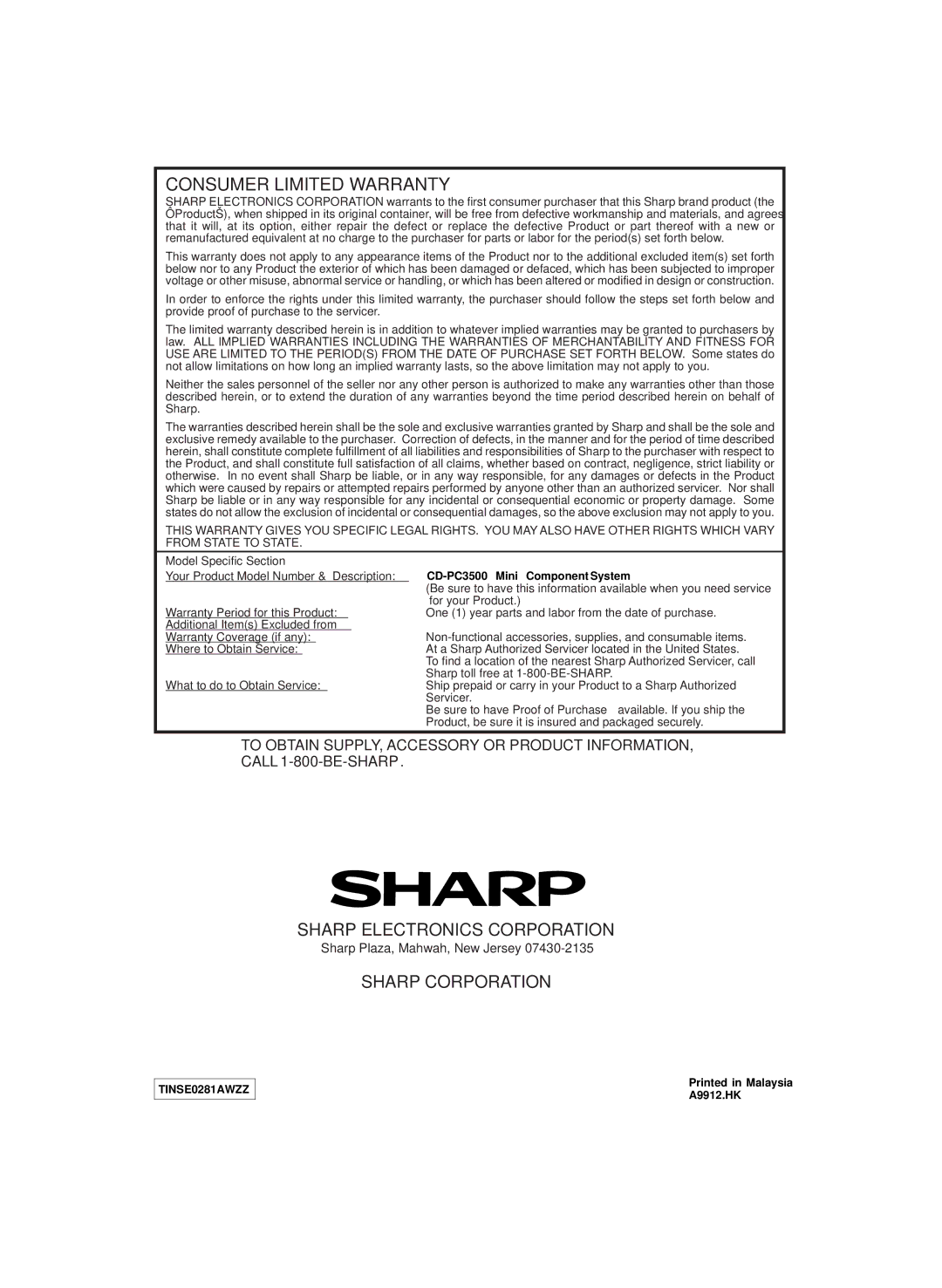 Sharp CD-PC3500 operation manual Consumer Limited Warranty 