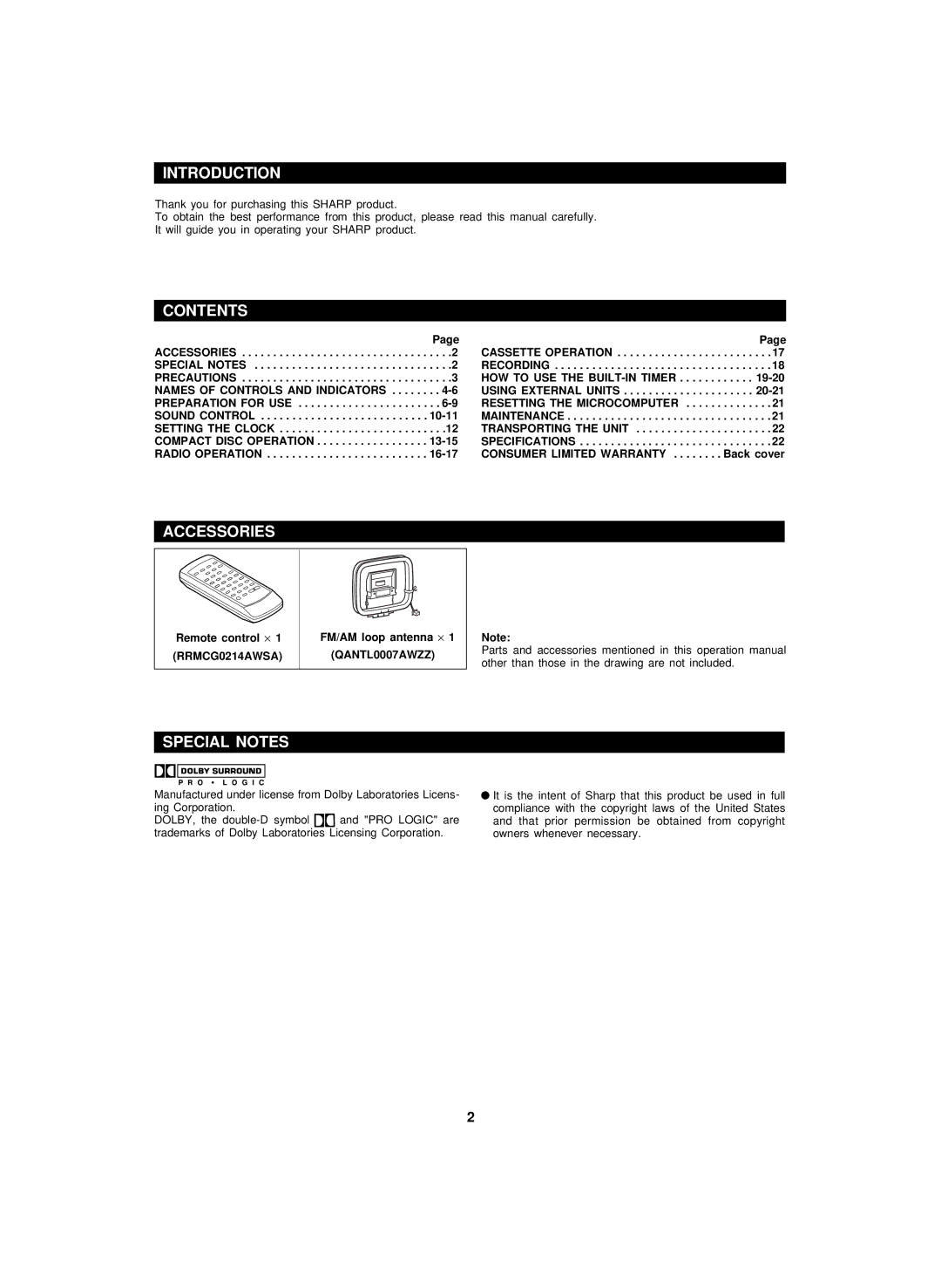 Sharp CD-PC3500 operation manual Introduction, Contents, Accessories, Special Notes 