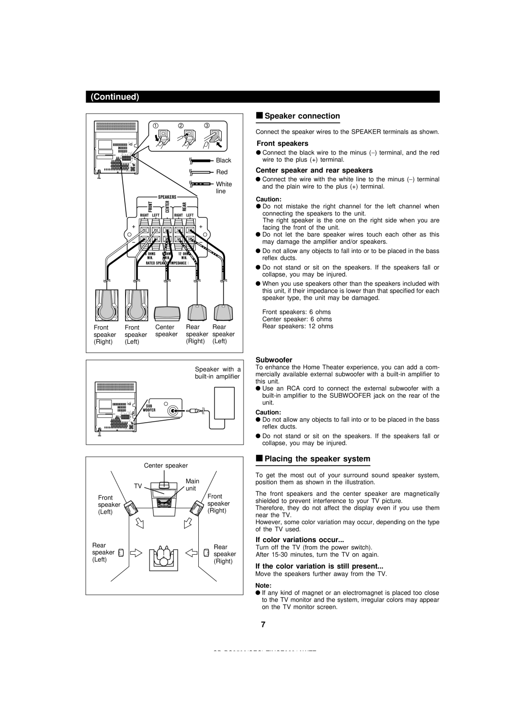 Sharp CD-PC3500 operation manual Speaker connection, Placing the speaker system 