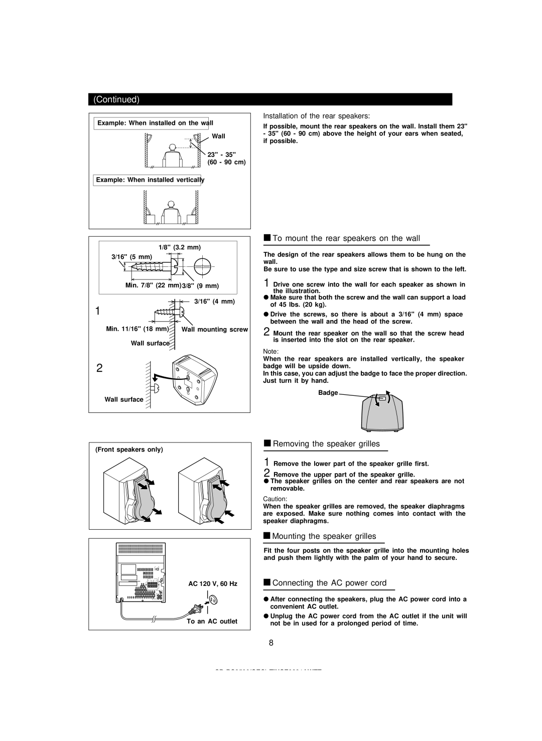 Sharp CD-PC3500 To mount the rear speakers on the wall, Removing the speaker grilles, Mounting the speaker grilles 