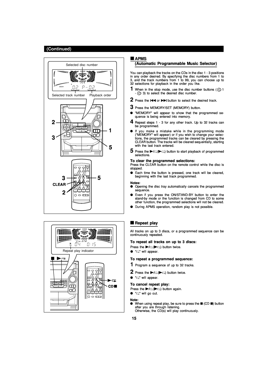 Sharp CD-PC3500 operation manual Continued, To clear the programmed selections, To repeat all tracks on up to 3 discs 