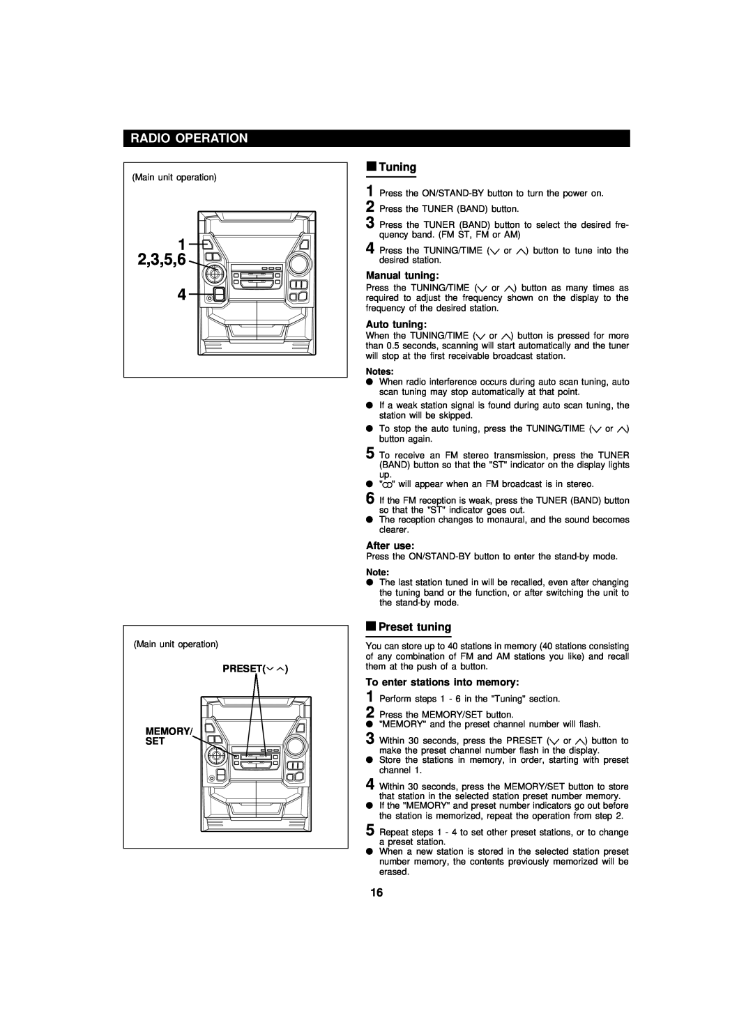 Sharp CD-PC3500 operation manual 1 2,3,5,6, Radio Operation, Preset Memory Set, Manual tuning, Auto tuning, After use 