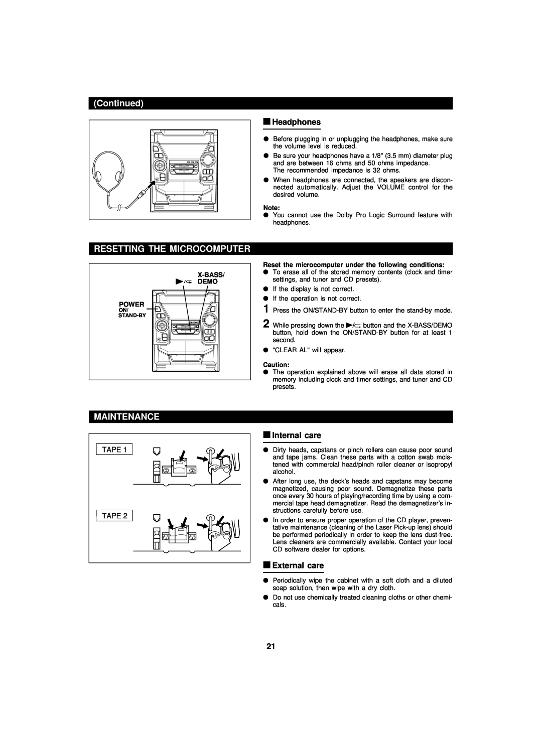 Sharp CD-PC3500 operation manual Resetting The Microcomputer, Continued, Maintenance, Tape 