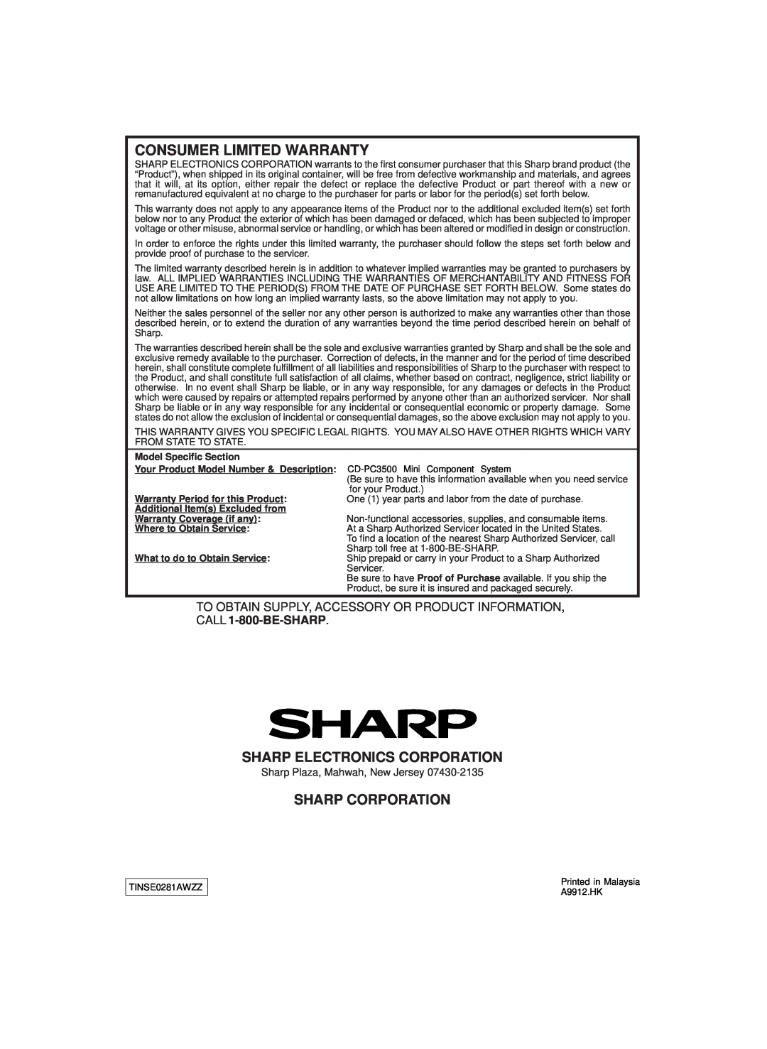 Sharp CD-PC3500 operation manual Consumer Limited Warranty, Sharp Electronics Corporation, Sharp Corporation 