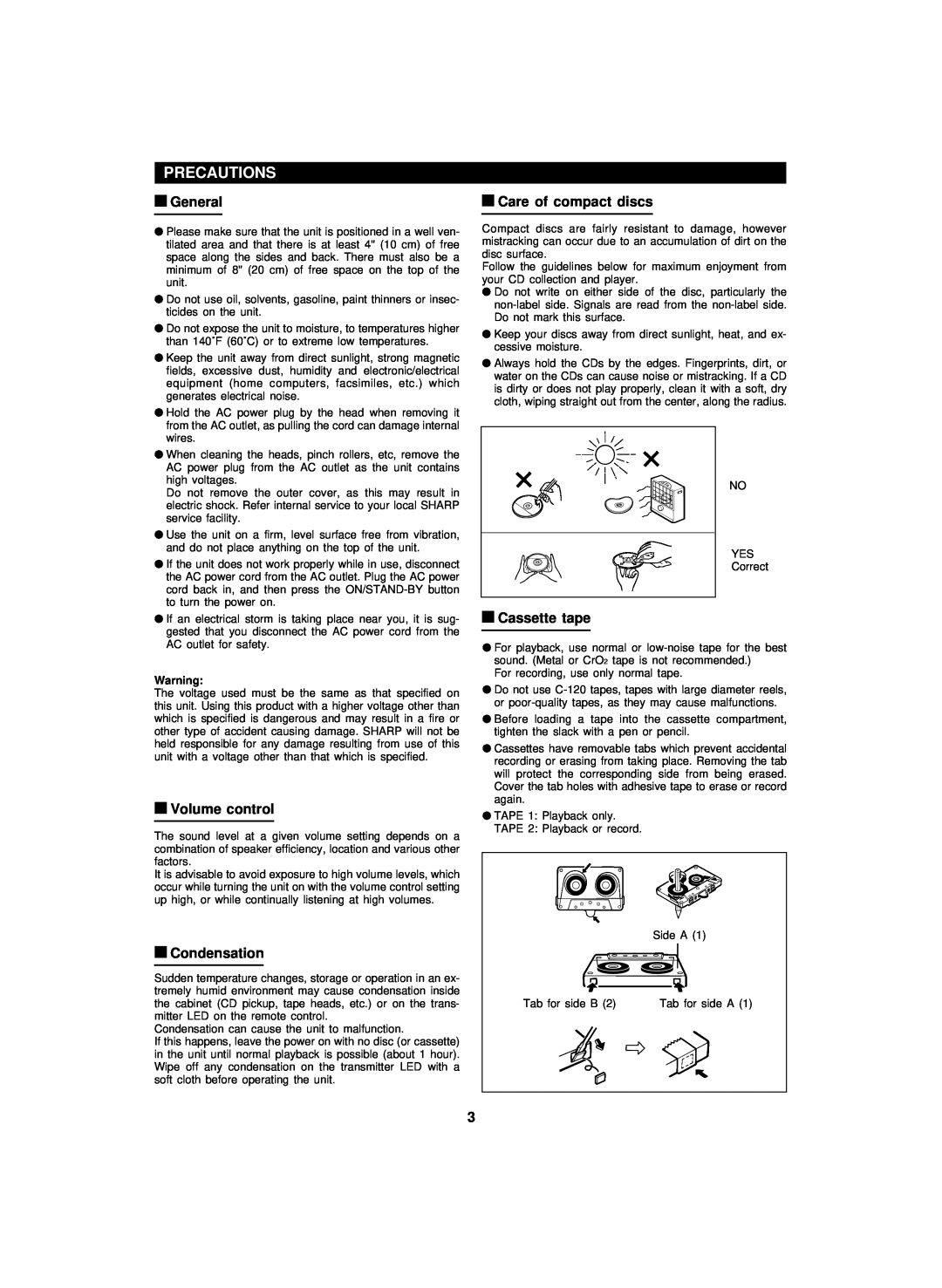 Sharp CD-PC3500 operation manual Precautions, General, Volume control, Condensation, Care of compact discs, Cassette tape 