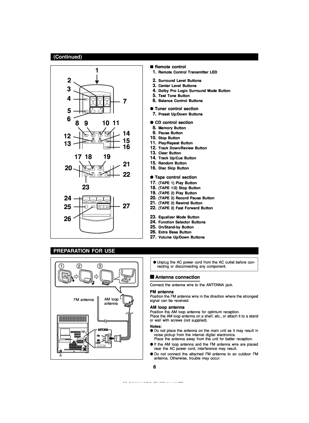 Sharp CD-PC3500 operation manual Preparation For Use, Continued, Antenna connection 