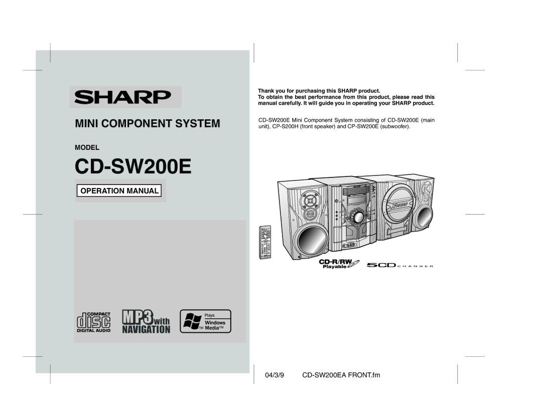 Sharp CD-SW200E operation manual Thank you for purchasing this Sharp product 