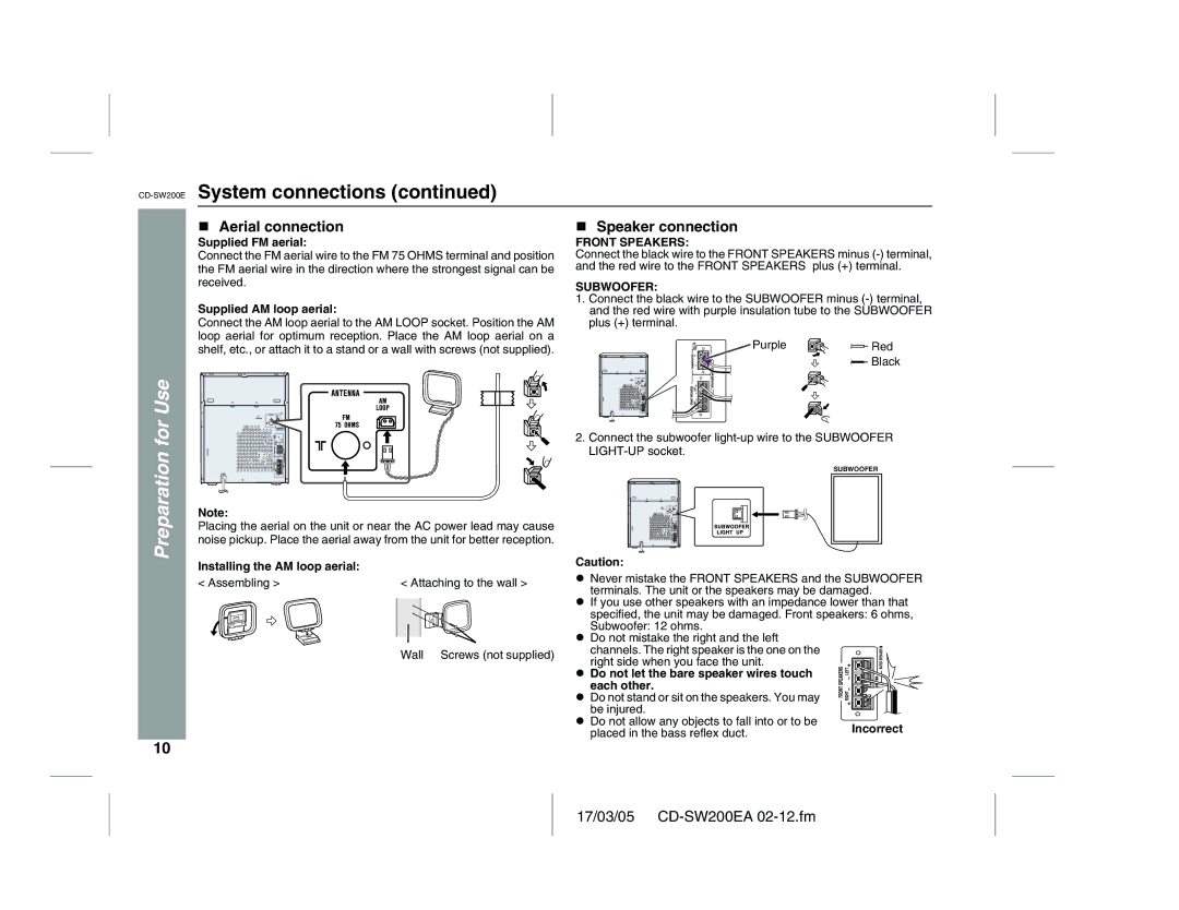 Sharp CD-SW200E operation manual Aerial connection, Speaker connection 