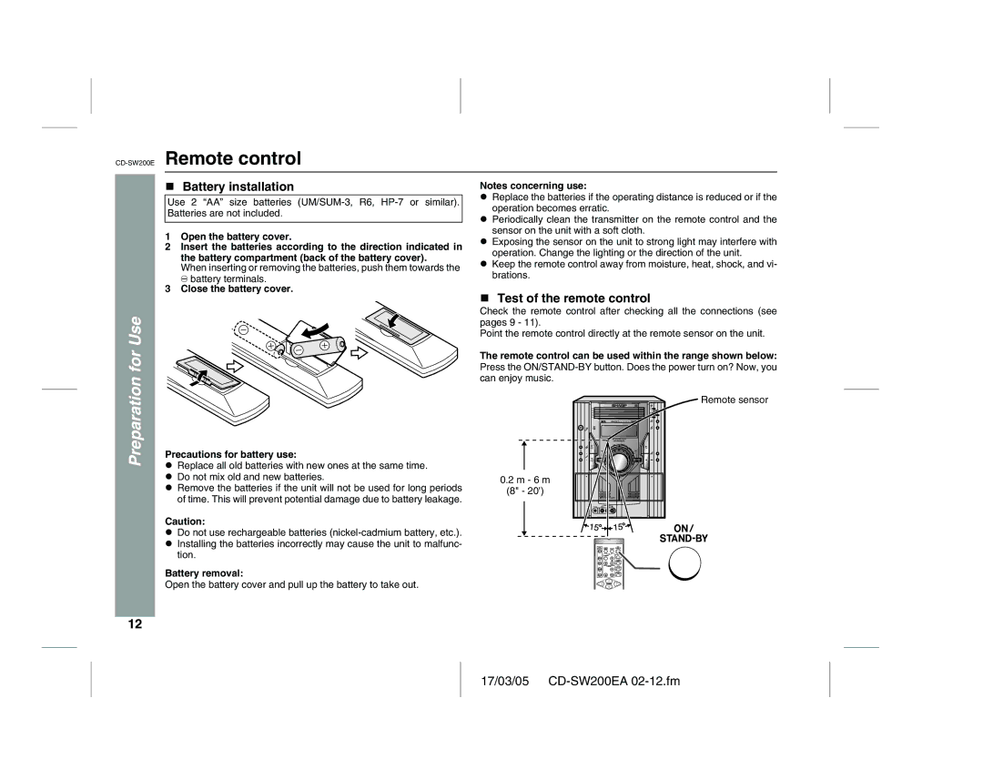 Sharp CD-SW200E operation manual Remote control, Battery installation, Test of the remote control, Battery removal 