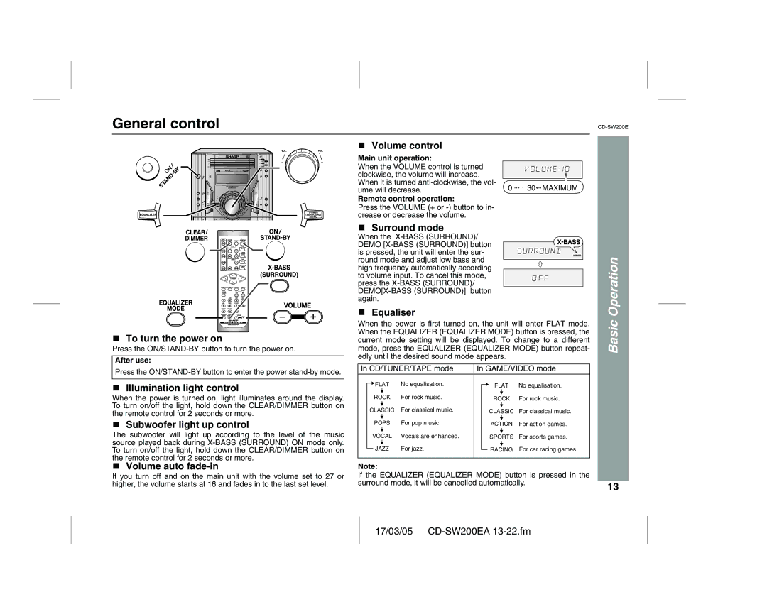 Sharp CD-SW200E operation manual General control, Basic Operation 