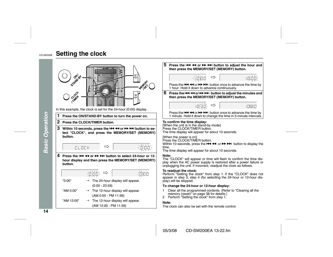 Sharp operation manual CD-SW200ESetting the clock, To conﬁrm the time display, To readjust the clock 