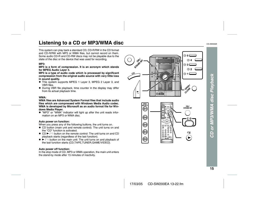 Sharp CD-SW200E operation manual Listening to a CD or MP3/WMA disc, CD or MP3/WMA disc Playback, Auto power on function 