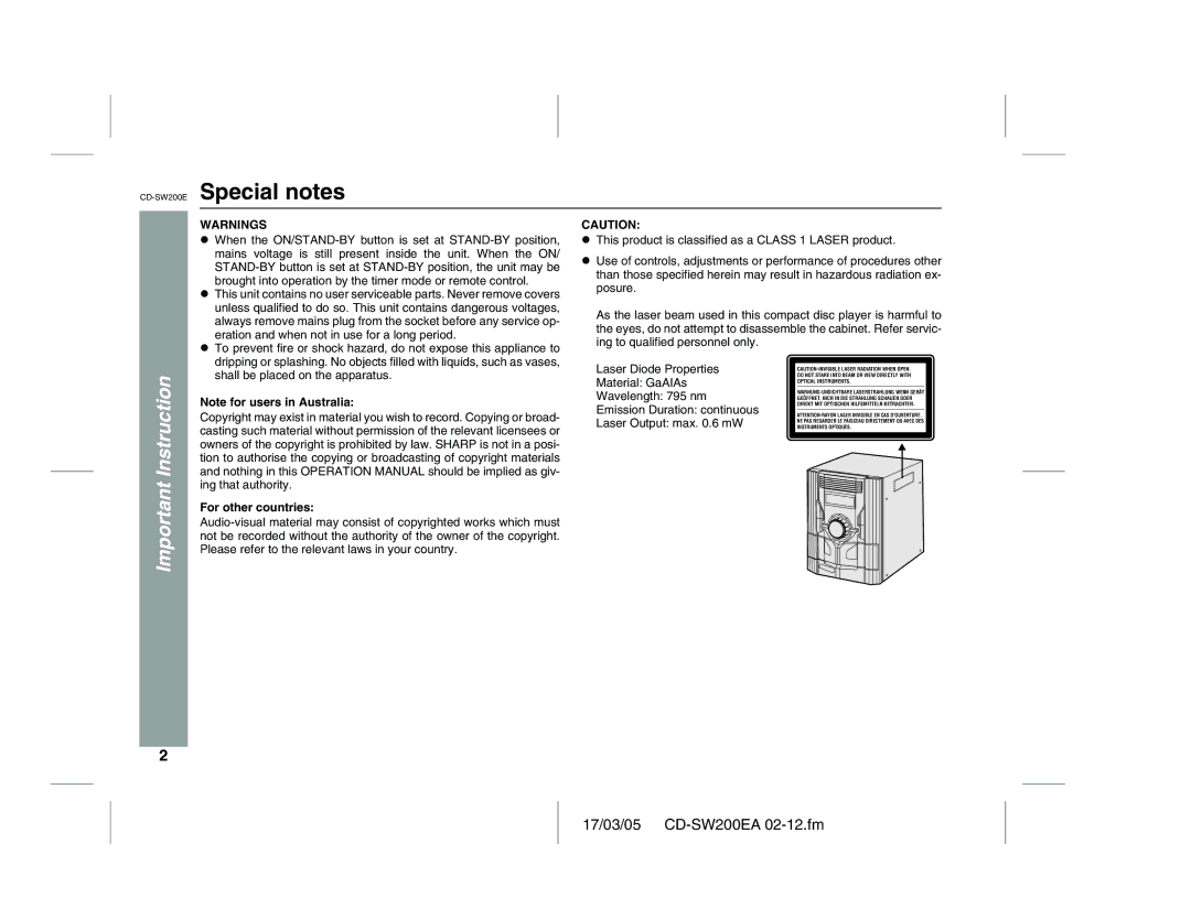 Sharp CD-SW200E operation manual Special notes, Important Instruction 