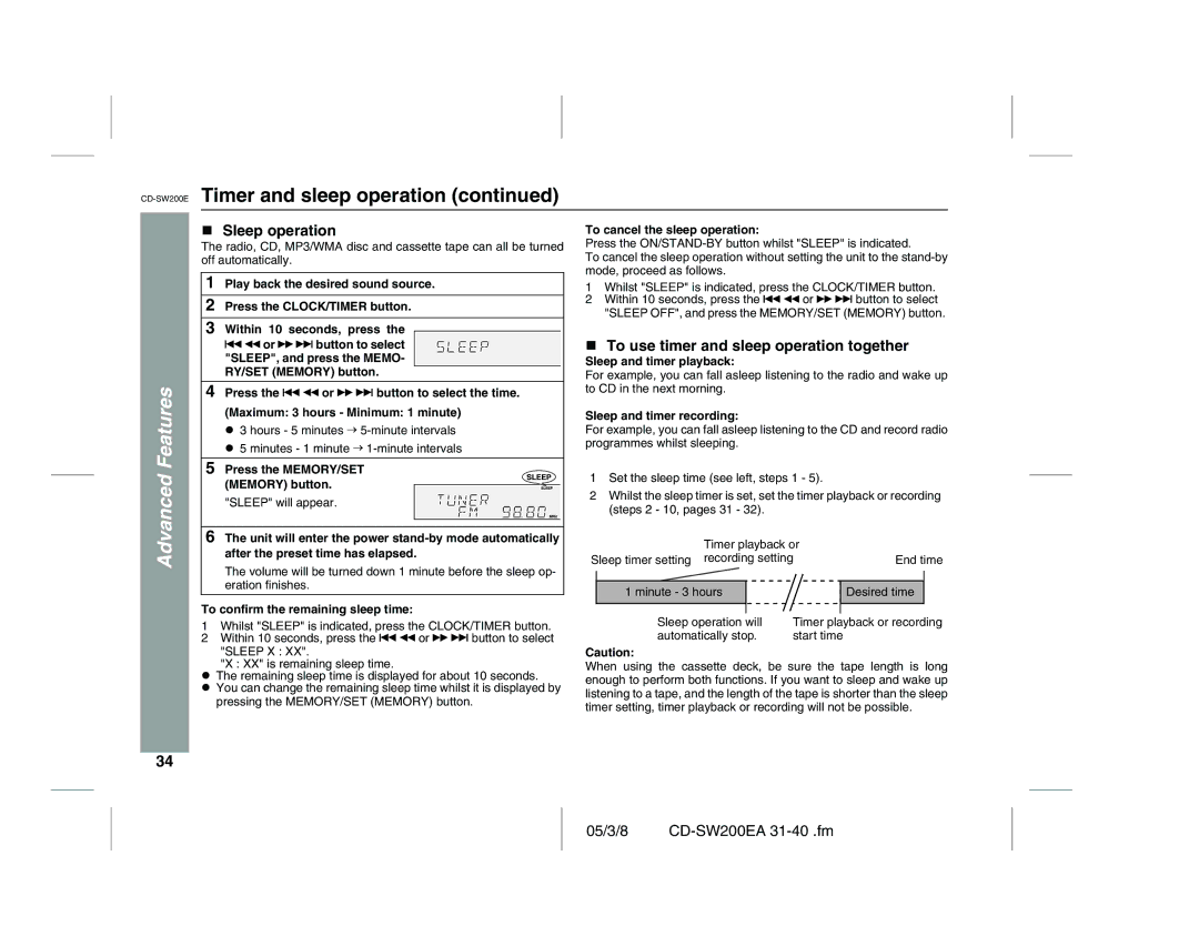 Sharp CD-SW200E operation manual Sleep operation, To use timer and sleep operation together 