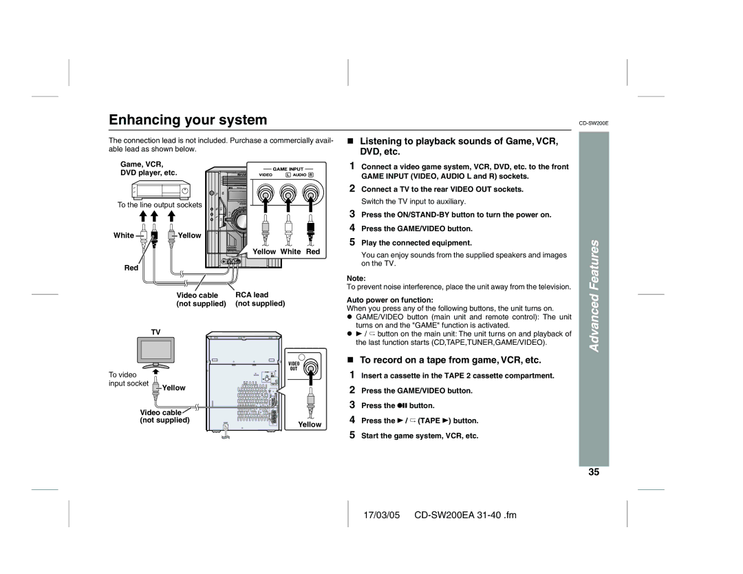 Sharp CD-SW200E operation manual Enhancing your system, Features, Listening to playback sounds of Game, VCR, DVD, etc 