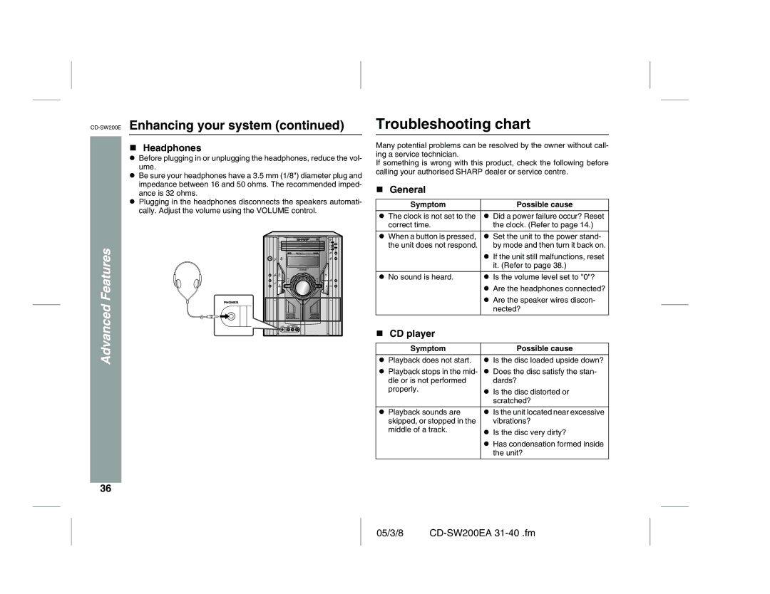 Sharp CD-SW200E operation manual Troubleshooting chart, Headphones, CD player, Symptom Possible cause 