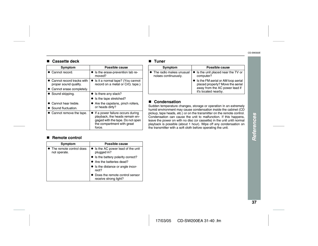 Sharp CD-SW200E operation manual References, Cassette deck, Tuner, Condensation 