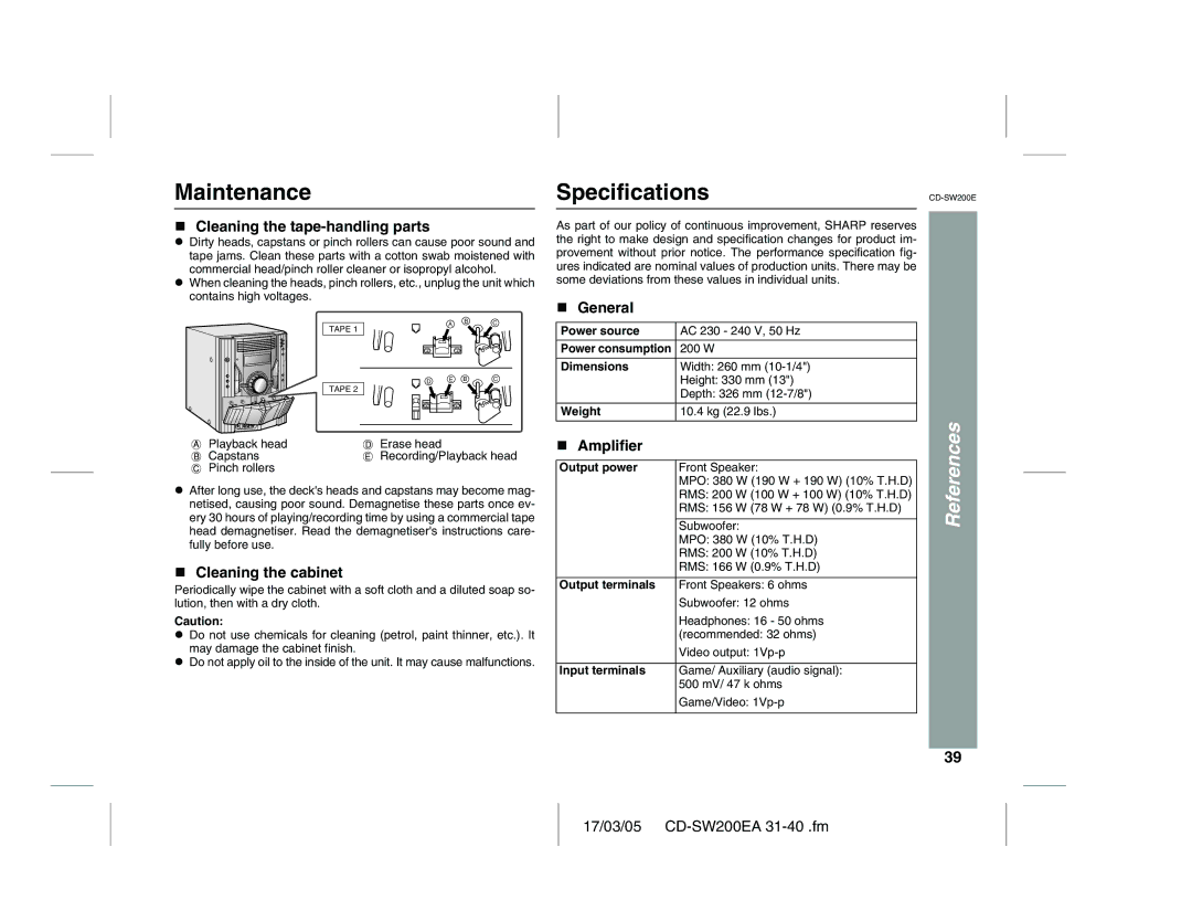 Sharp Maintenance, SpecificationsCD-SW200E, Cleaning the tape-handling parts, Cleaning the cabinet, Amplifier 