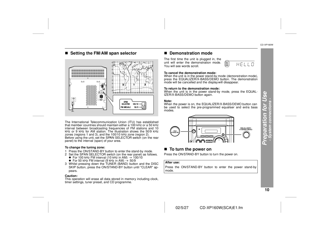 Sharp CD-XP160W operation manual Setting the FM/AM span selector, Demonstration mode, To turn the power on 