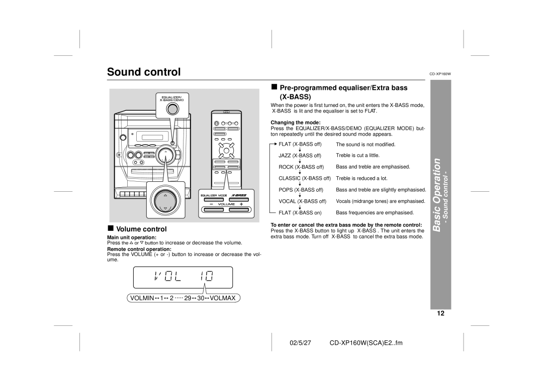 Sharp CD-XP160W operation manual Sound control, TMain unit operation, Remote control operation 