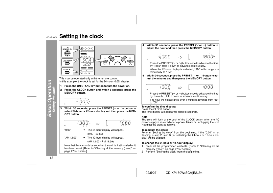 Sharp operation manual CD-XP160WSetting the clock, To confirm the time display, To readjust the clock 