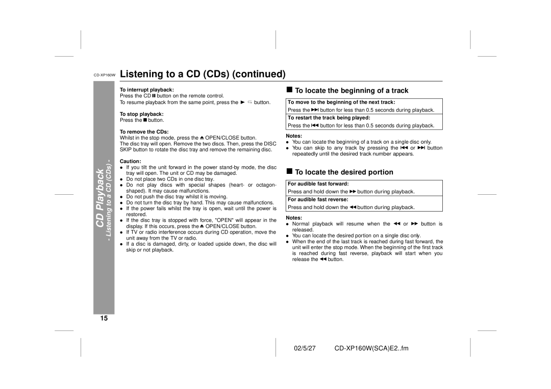 Sharp CD-XP160W operation manual To locate the beginning of a track, To locate the desired portion 