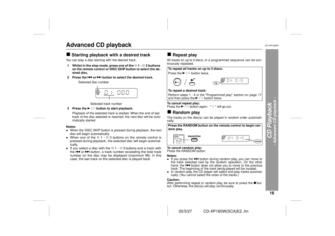 Sharp CD-XP160W operation manual Starting playback with a desired track, Repeat play, Random play 