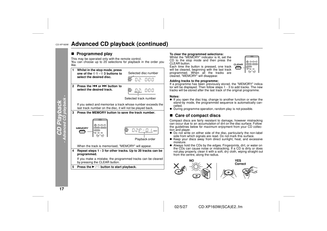 Sharp CD-XP160W operation manual Programmed play, Care of compact discs, Adding tracks to the programme 