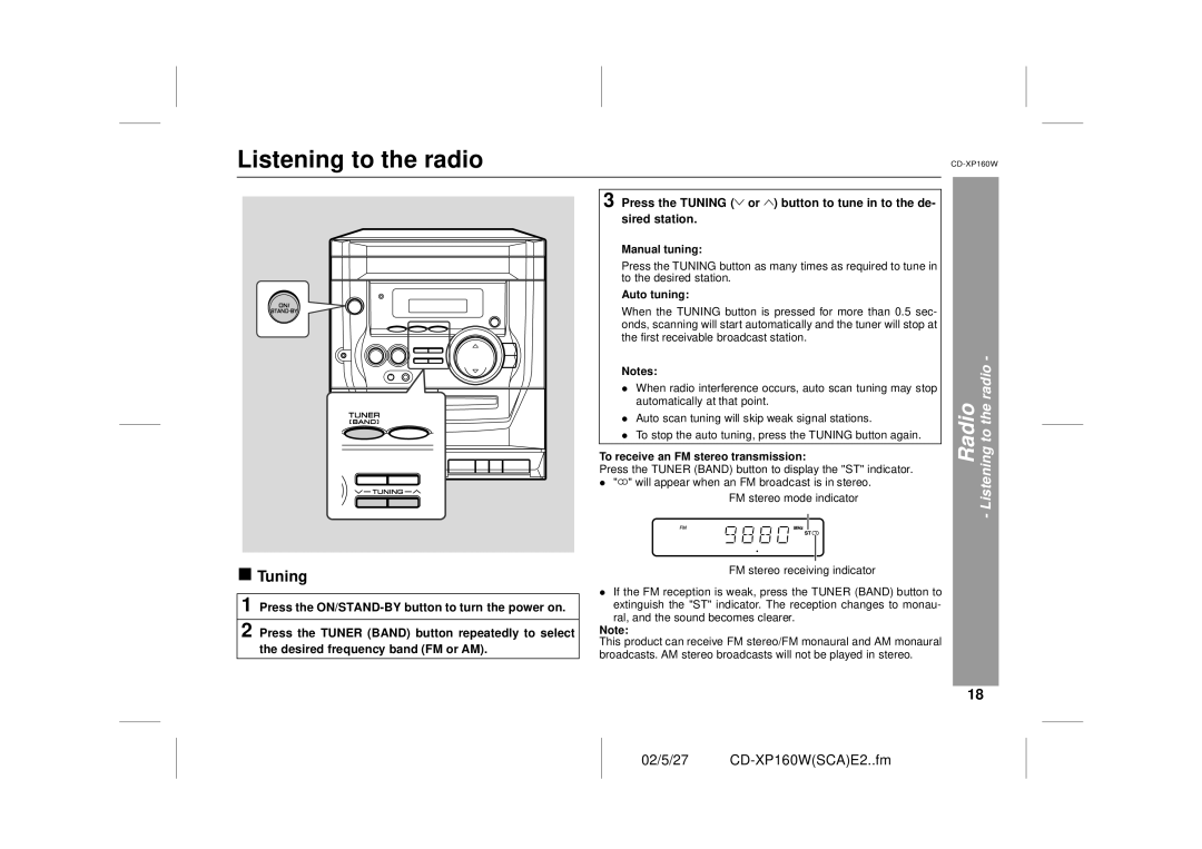 Sharp CD-XP160W operation manual Listening to the radio, Tuning 