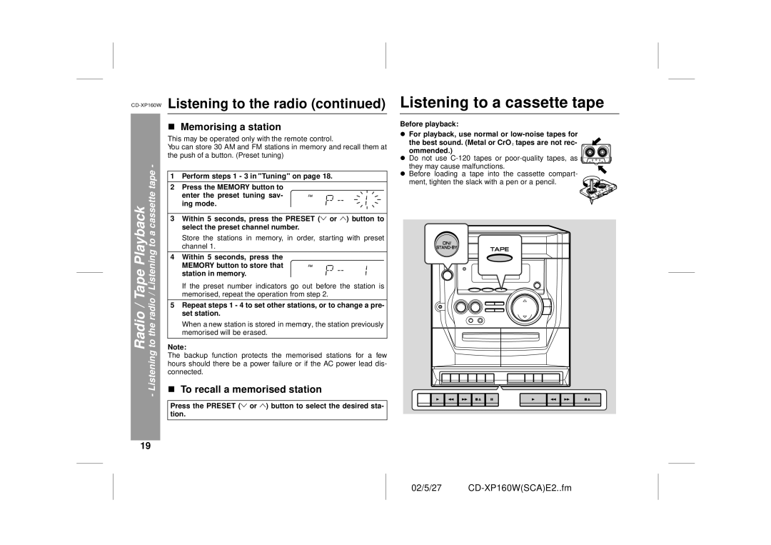 Sharp CD-XP160W operation manual Listening to a cassette tape, Memorising a station, To recall a memorised station 