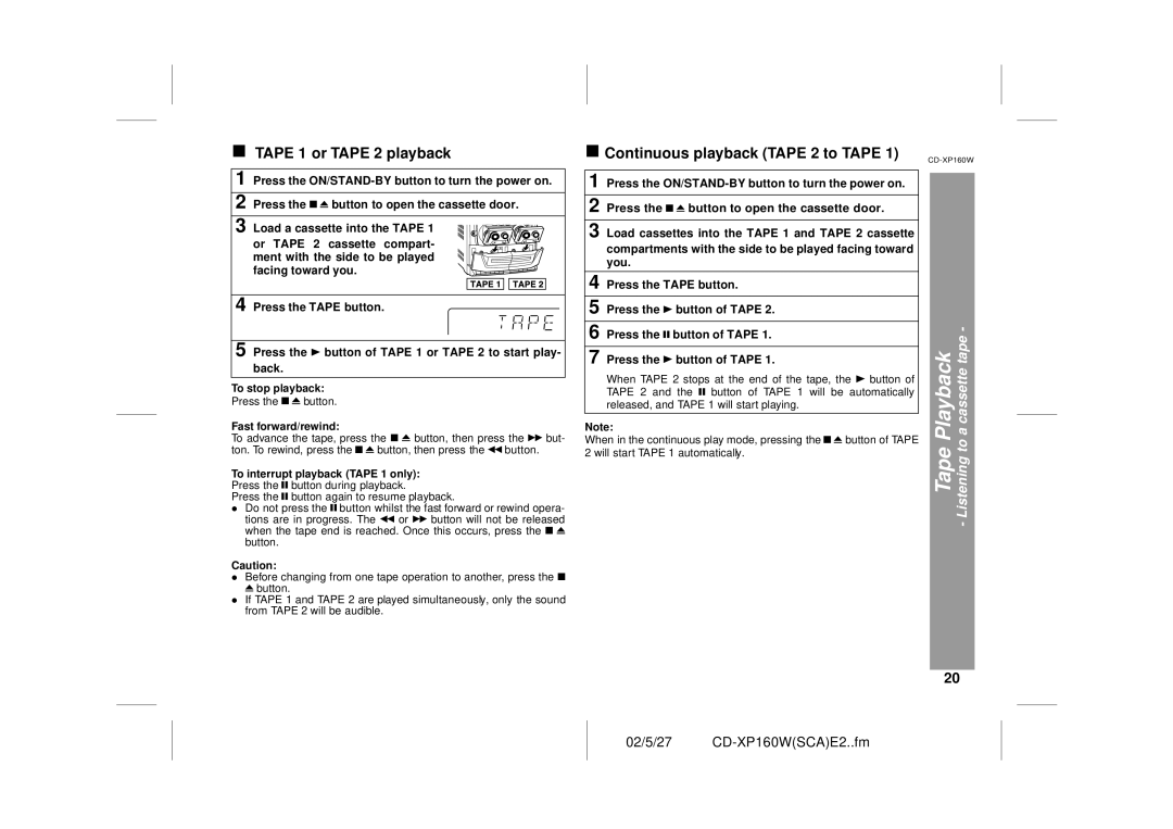 Sharp CD-XP160W operation manual Tape 1 or Tape 2 playback, Continuous playback Tape 2 to Tape, Fast forward/rewind 