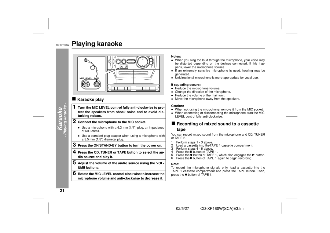 Sharp CD-XP160W operation manual Playing karaoke, Karaoke play, Recording of mixed sound to a cassette, Tape 