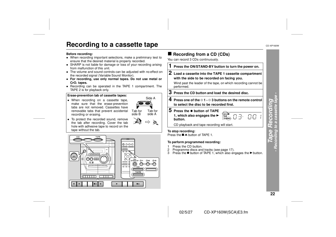 Sharp CD-XP160W operation manual Recording to a cassette tape, Recording from a CD CDs 