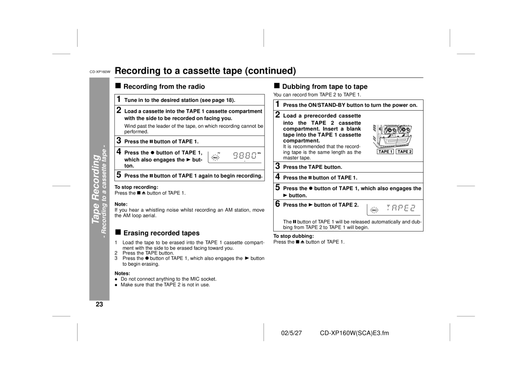 Sharp CD-XP160W operation manual Recording from the radio, Erasing recorded tapes, Dubbing from tape to tape 