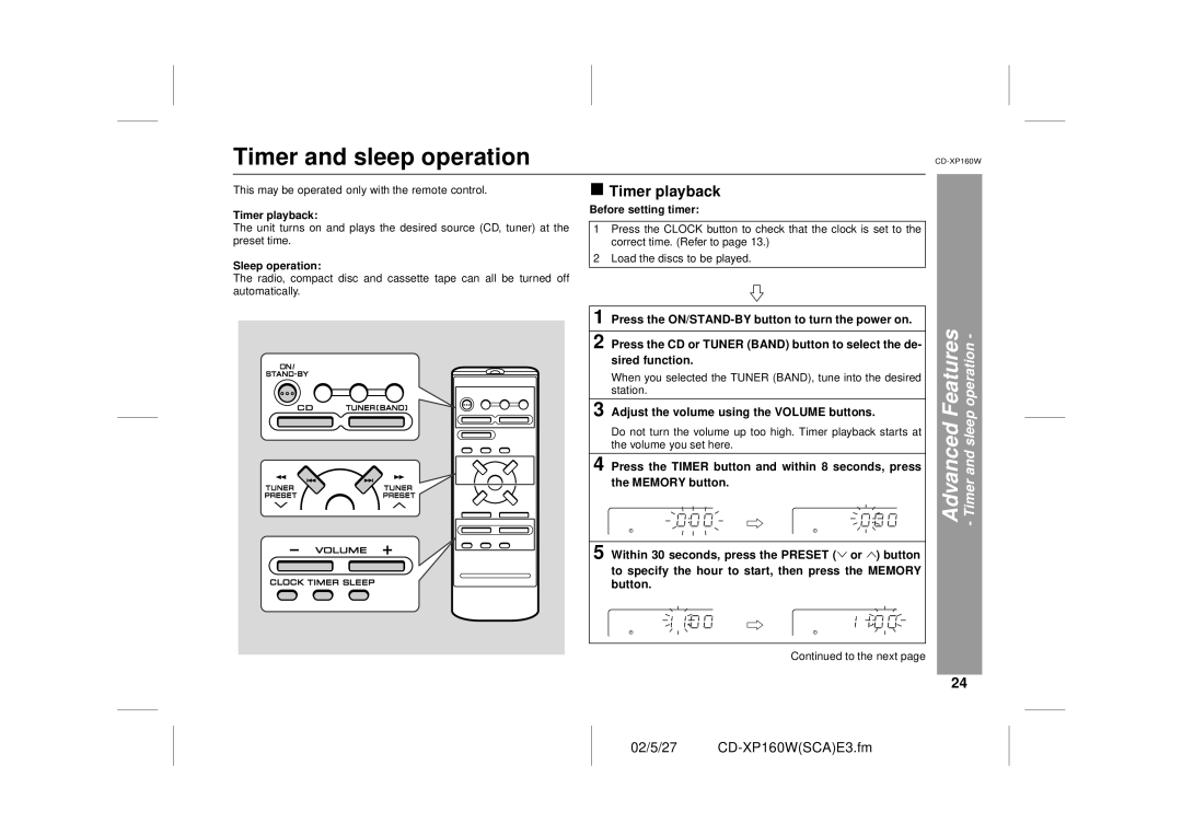 Sharp CD-XP160W operation manual Timer and sleep operation, Timer playback, Sleep operation, Before setting timer 