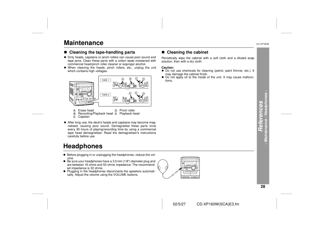 Sharp CD-XP160W operation manual Maintenance, Headphones, Cleaning the tape-handling parts, Cleaning the cabinet 