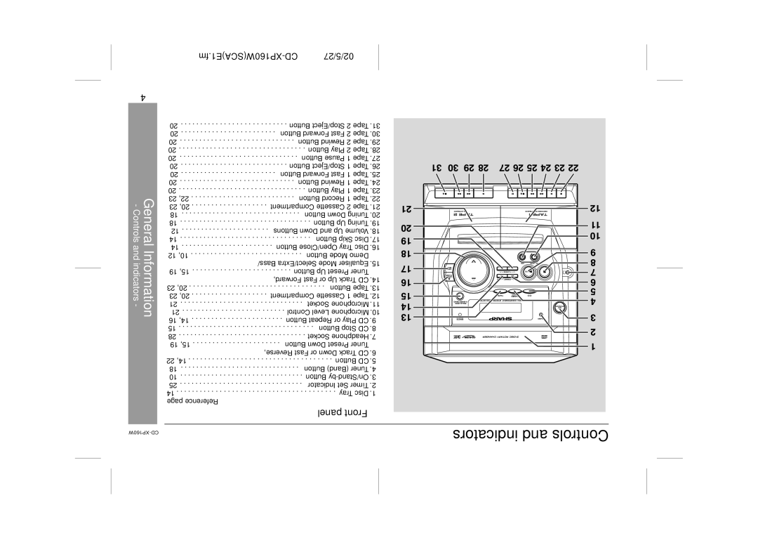 Sharp CD-XP160W operation manual Controls and indicators, Front panel, Reference 