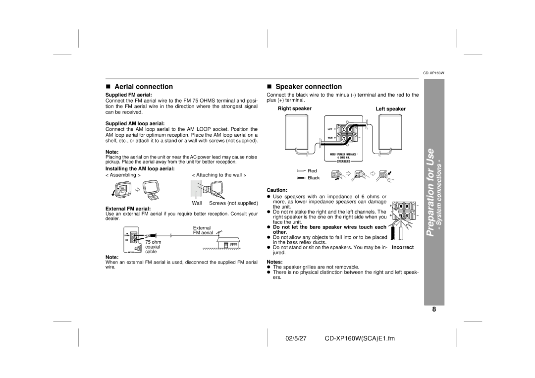 Sharp CD-XP160W operation manual Aerial connection, Speaker connection 