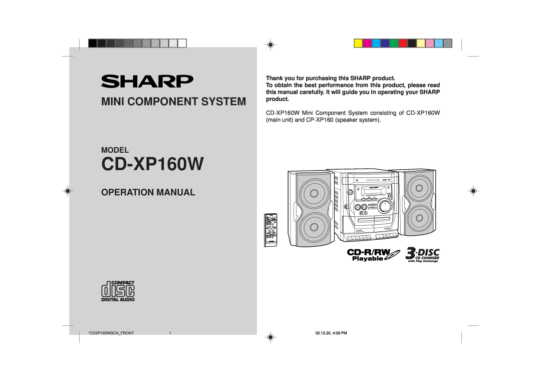 Sharp CD-XP160W operation manual Model, Mini Component System, Thank you for purchasing this SHARP product 