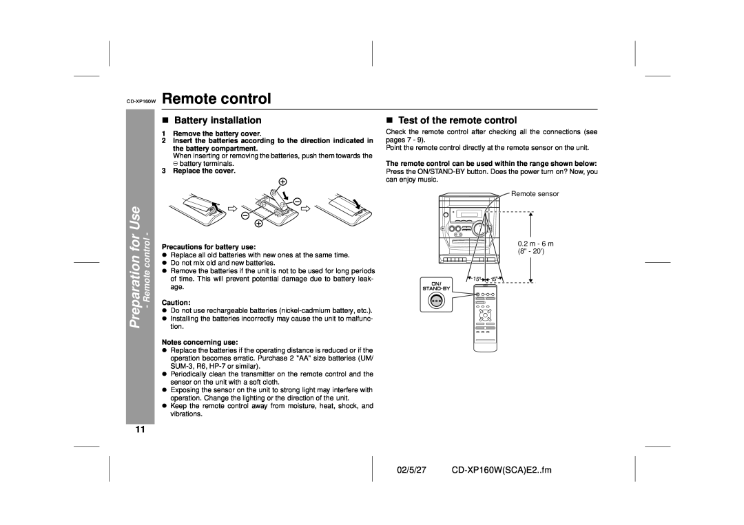 Sharp CD-XP160W operation manual Test of the remote control, 02/5/27, Preparation for Use - Remote control 