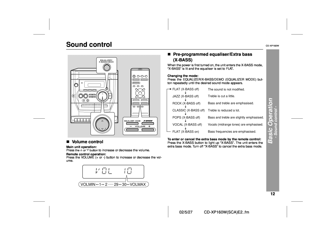 Sharp CD-XP160W operation manual Volume control, VOLMIN 12 ..... 29 30VOLMAX, Basic Operation - Sound control 