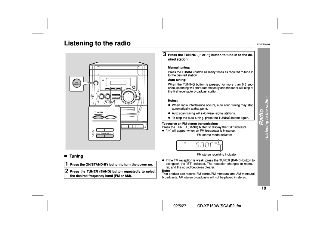 Sharp CD-XP160W operation manual Tuning, Radio - Listening to the radio 