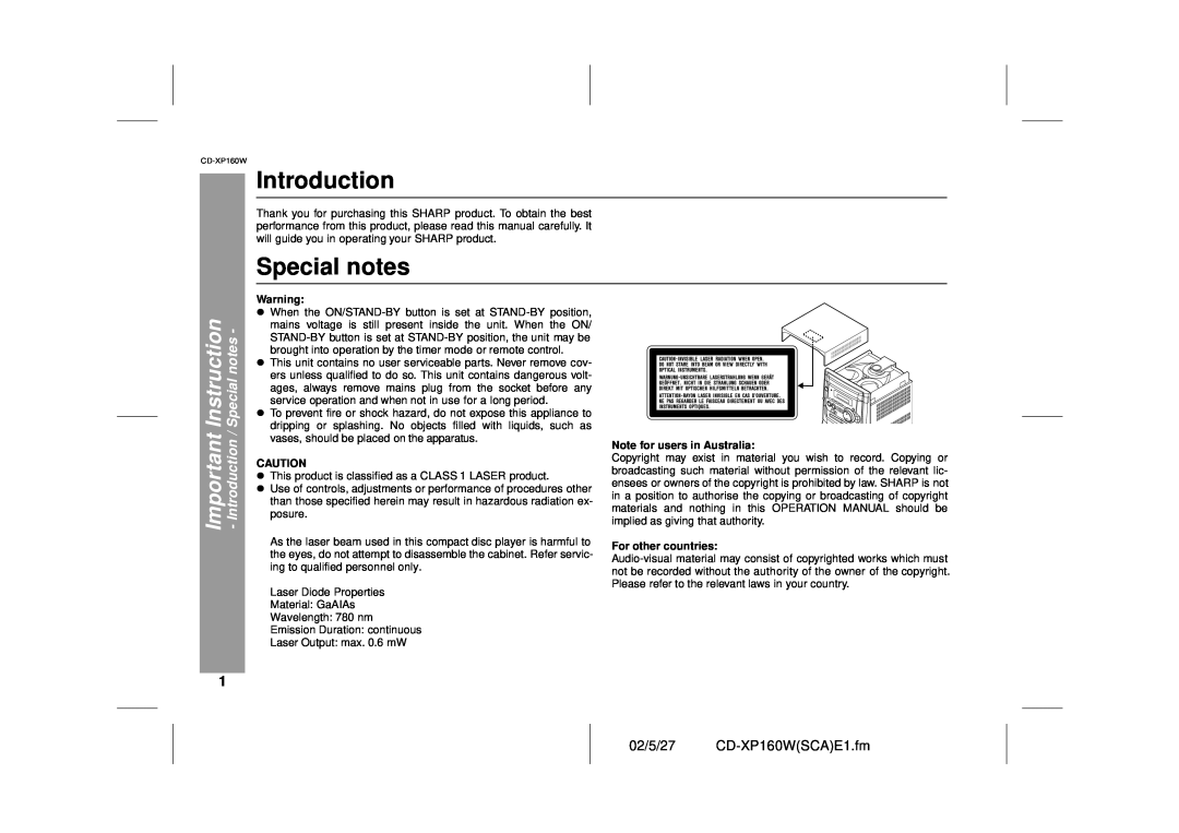Sharp operation manual Introduction, Special notes, Instruction, 02/5/27 CD-XP160WSCAE1.fm 