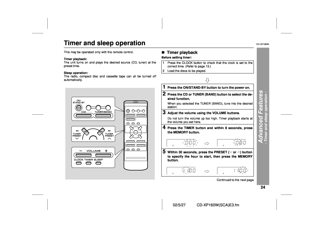 Sharp operation manual Timer and sleep operation, Timer playback, 02/5/27 CD-XP160WSCAE3.fm 