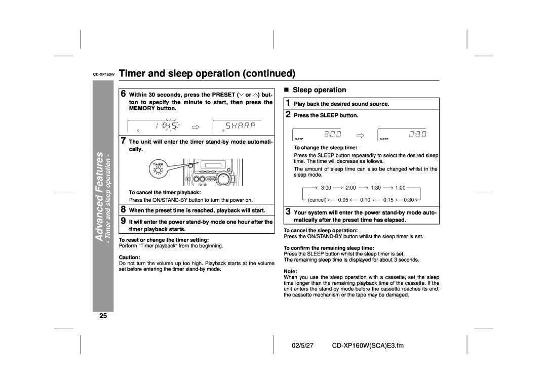 Sharp operation manual CD-XP160W Timer and sleep operation continued, Advanced Features - Timer and sleep operation 
