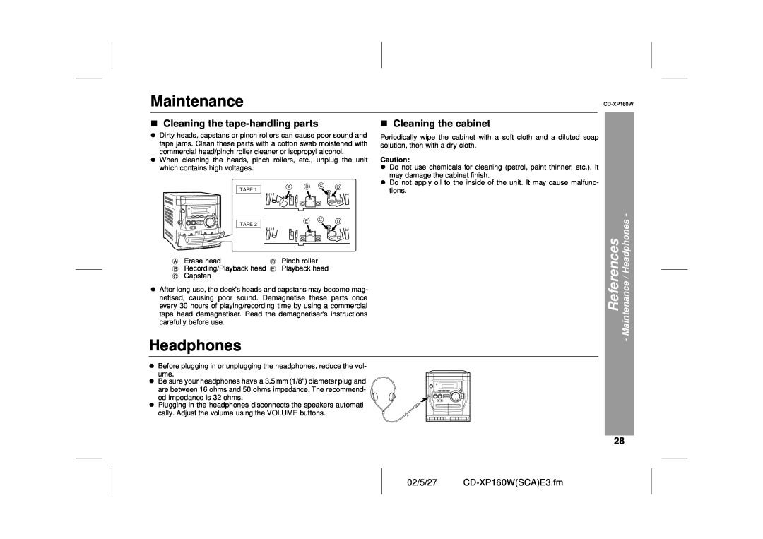 Sharp operation manual References, 02/5/27 CD-XP160WSCAE3.fm, Maintenance / Headphones 